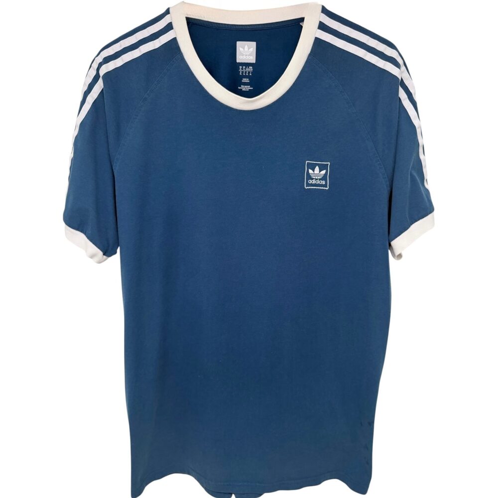 adidas T-Shirt Men's XL Blue White Raglan Tee 3 Stripe Sleeve